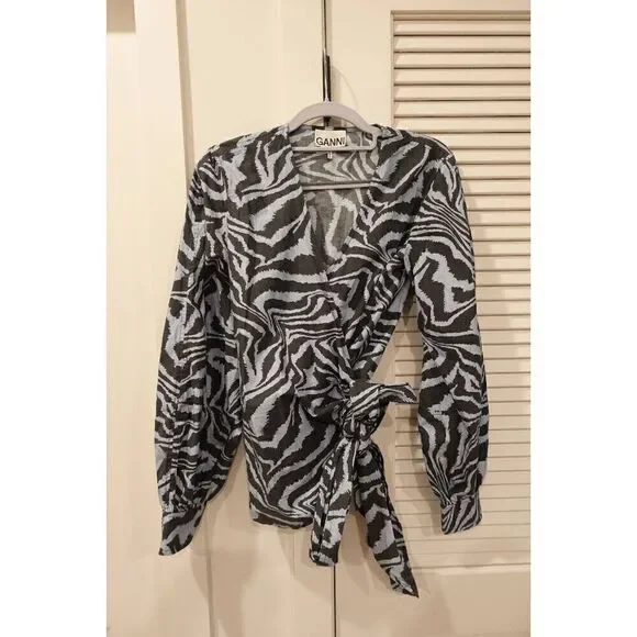 GANNI Printed Cotton Poplin Top In Forever Blue Size 36 - Picture 3 of 12